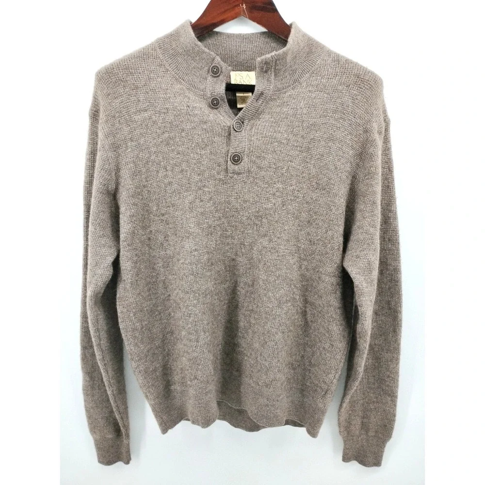 Jos A Bank Sweater Henley Brown Wool Blend Lightweight Waffle Knit Retro Mens L